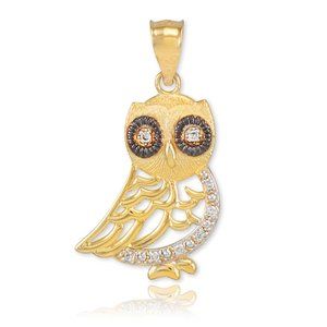 10K Solid Gold Bohemian Owl Diamond Pendant - Yellow, Rose, or White Gold